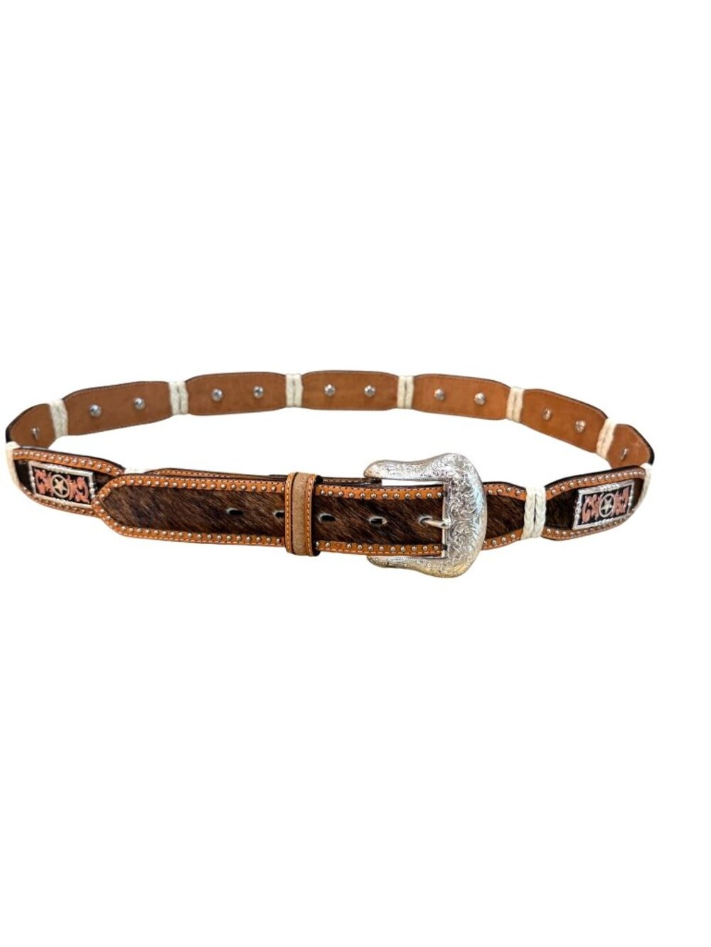 Ranger Belt Co. Western Leather Belt Calf Hair-On Hide Silver Buckle Star Men 46